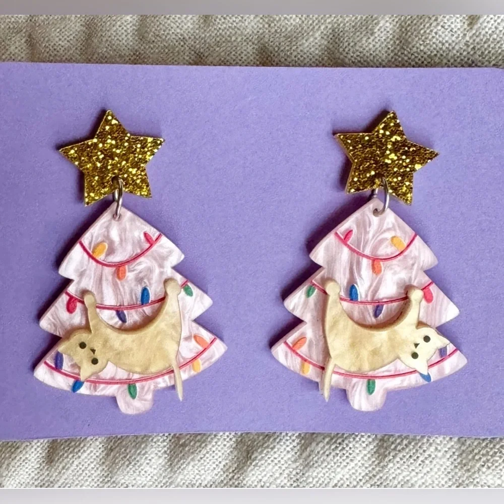 New Pink Christmas Tree w/ White Cat Pearlescent & Glitter Acrylic Earrings - 2” - Picture 4 of 6